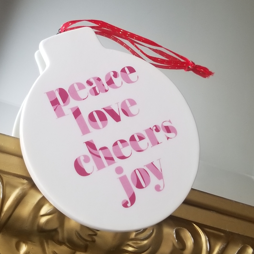 ❗Kate Spade New York Style "Peace Love Cheers Joy" Pink Round Ceramic Ornament❗